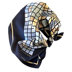 Burberry Silk Scarf 34” Op-Art Grid Navy Italian Retro Vintage New w/o Tags